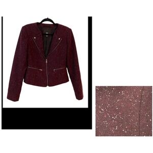 Womens Tweed Speckled Moto Jacket Deep Burgundy Size M Medium Zip Pockets